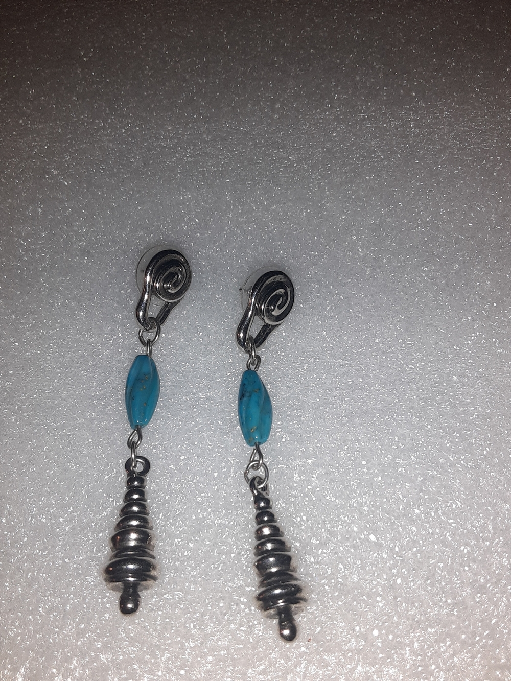 Avon Turquoise and Silver Spiral Drop Clip-On Earrings